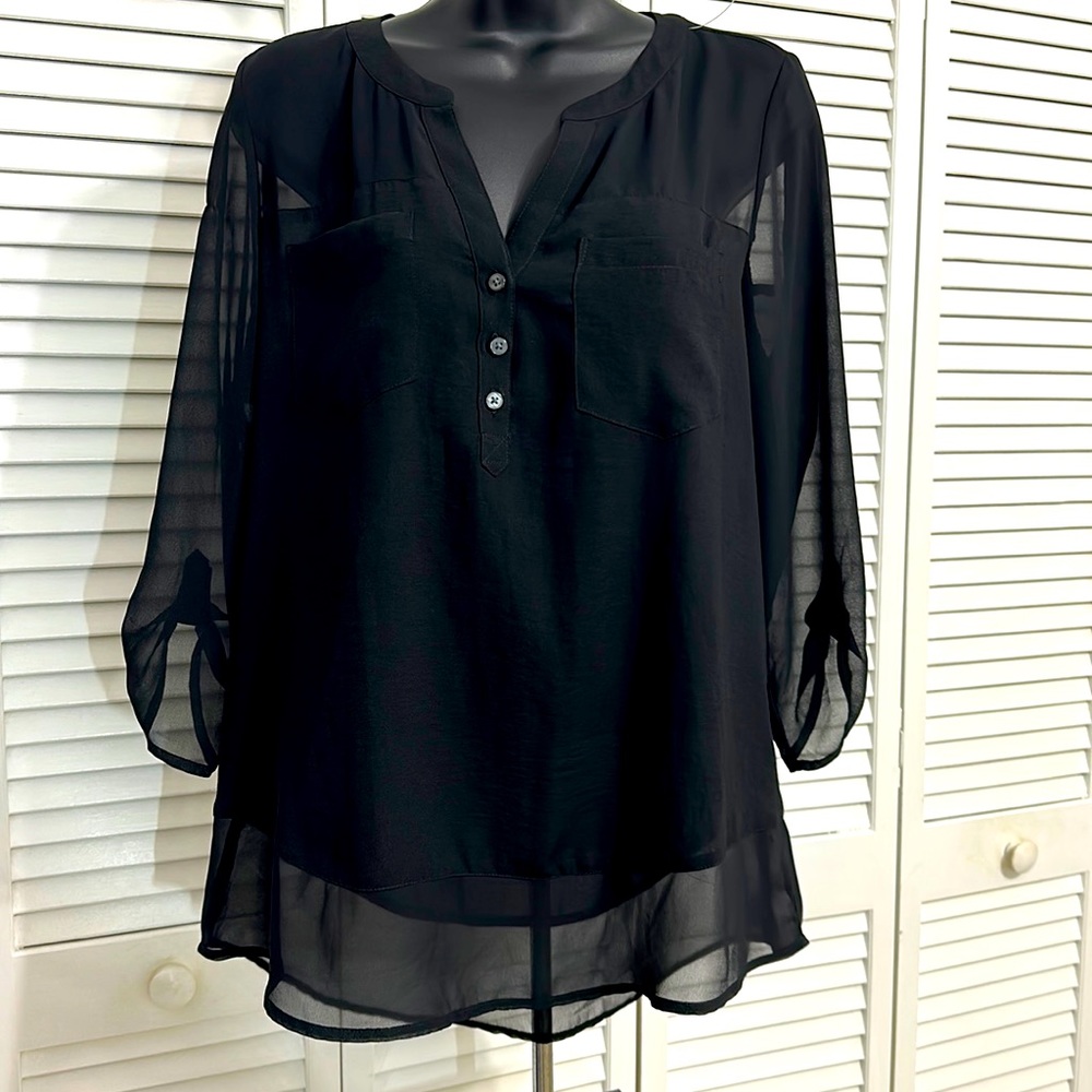 Express Med Black Sheer Chiffon Vneck Button Down Adjustable LS Pocket Shirt Top